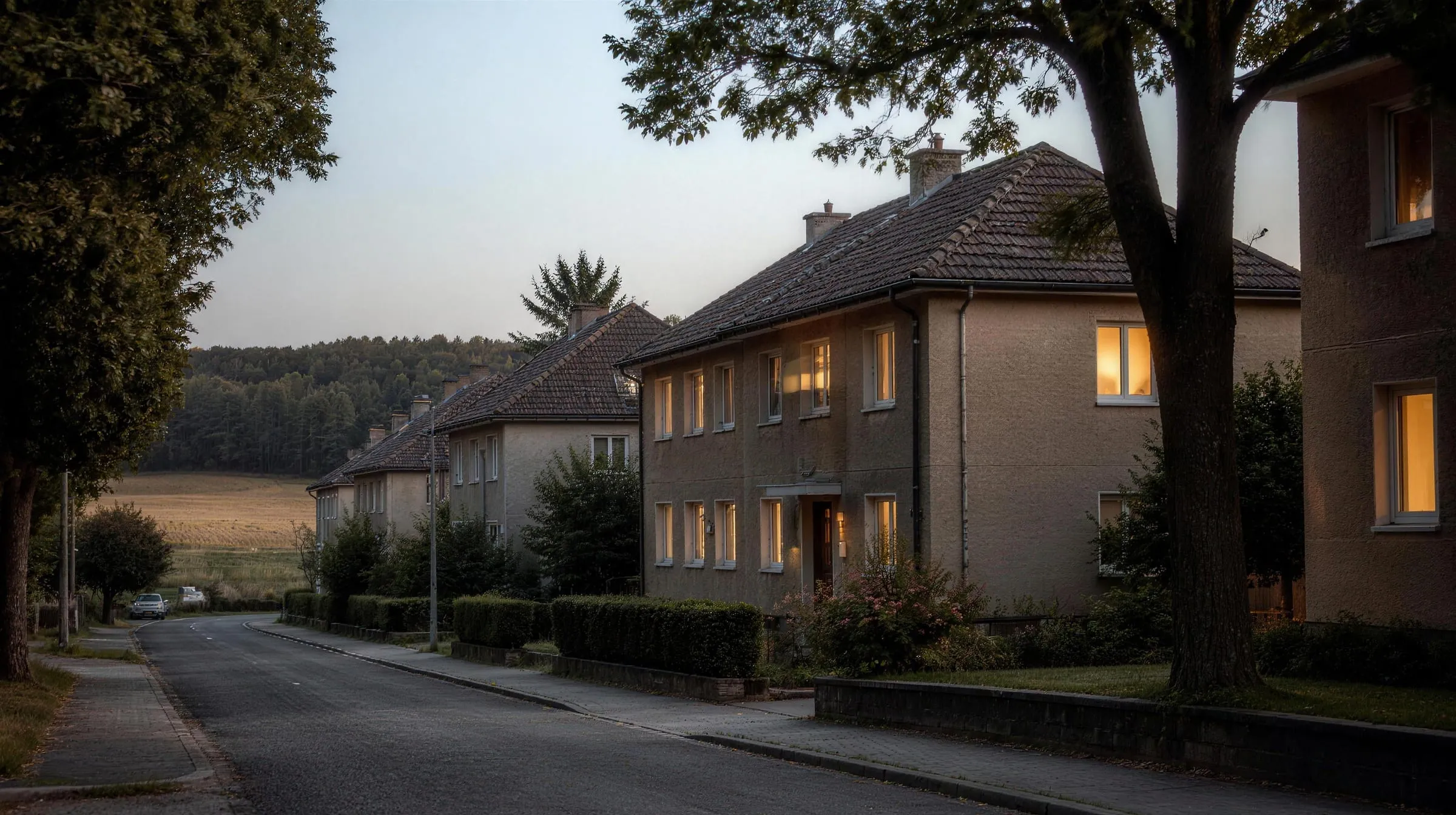 Ruhige Wohnstraße am Stadtrand mit Mehrfamilienhäusern der 1950er Jahre und Feldern im Hintergrund (Symbolbild)