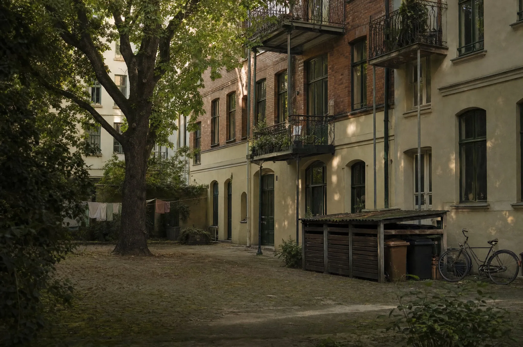 Hinterhof eines Altbaus mit Kastanie und Fahrrad (Symbolbild)