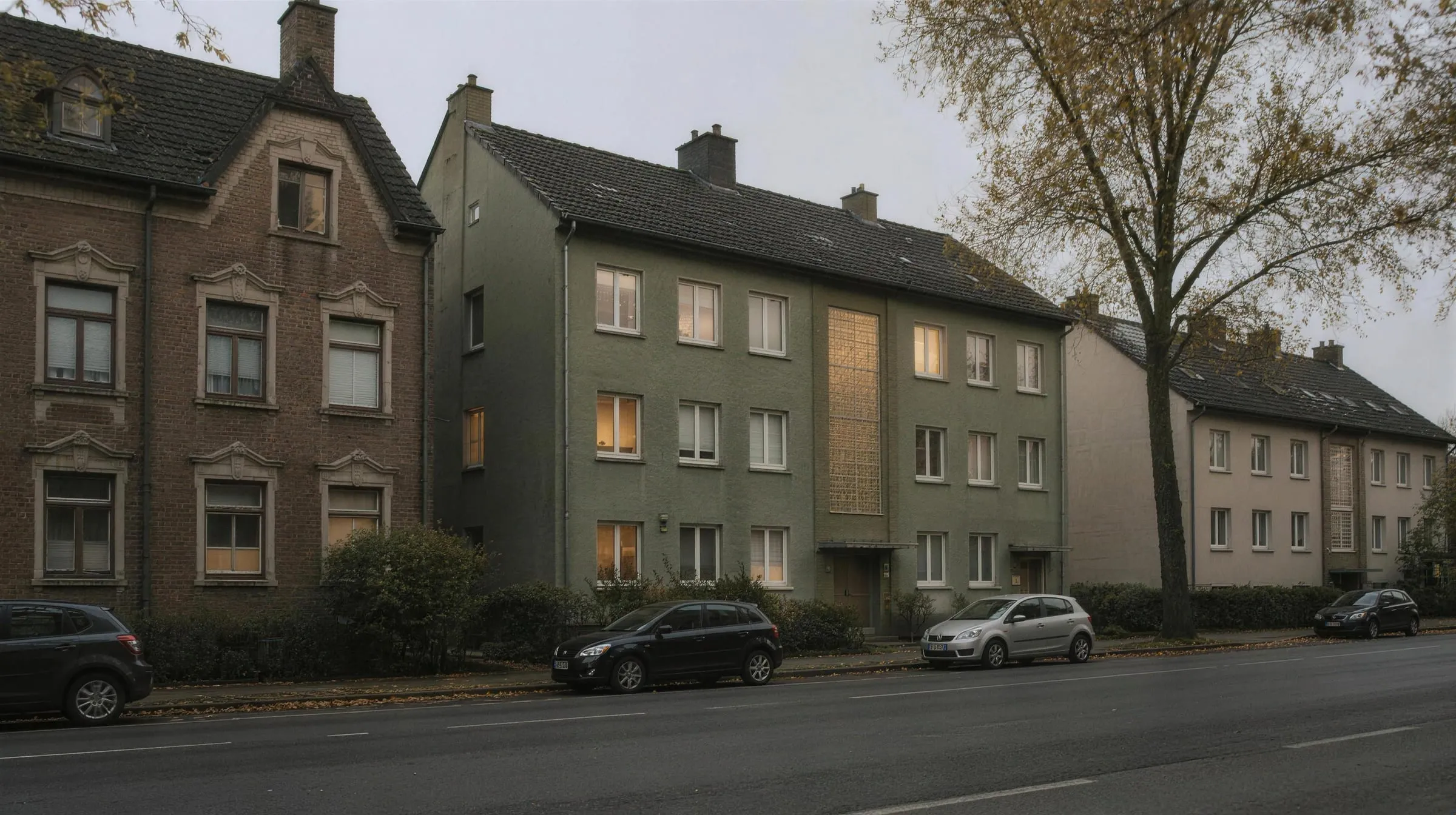 Wohnstraße mit Mehrfamilienhäusern aus verschiedenen Jahrzehnten im Herbst (Symbolbild)