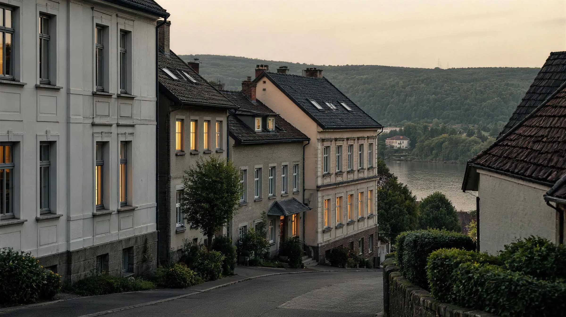 Ältere Stadthäuser an einer leicht ansteigenden Straße über einem Flusstal (Symbolbild)